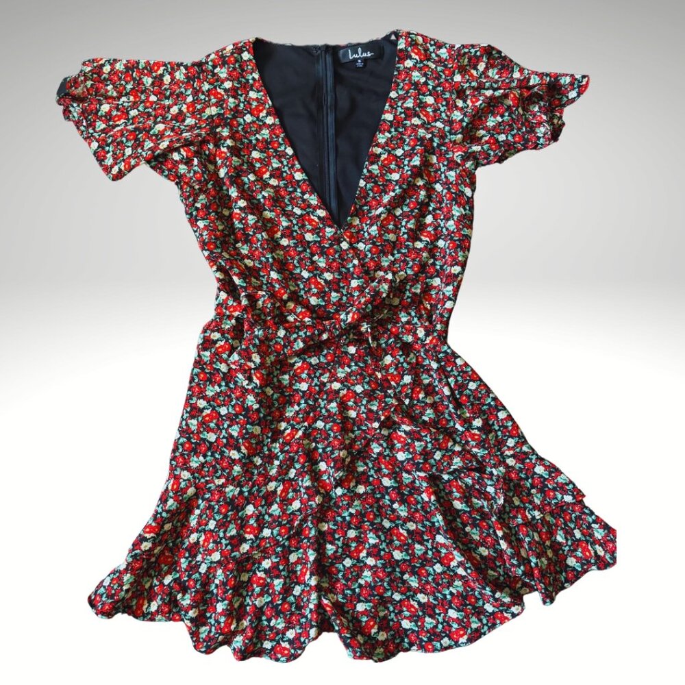 Lulus Floral Mini Dress Red Ruffle Hem Small